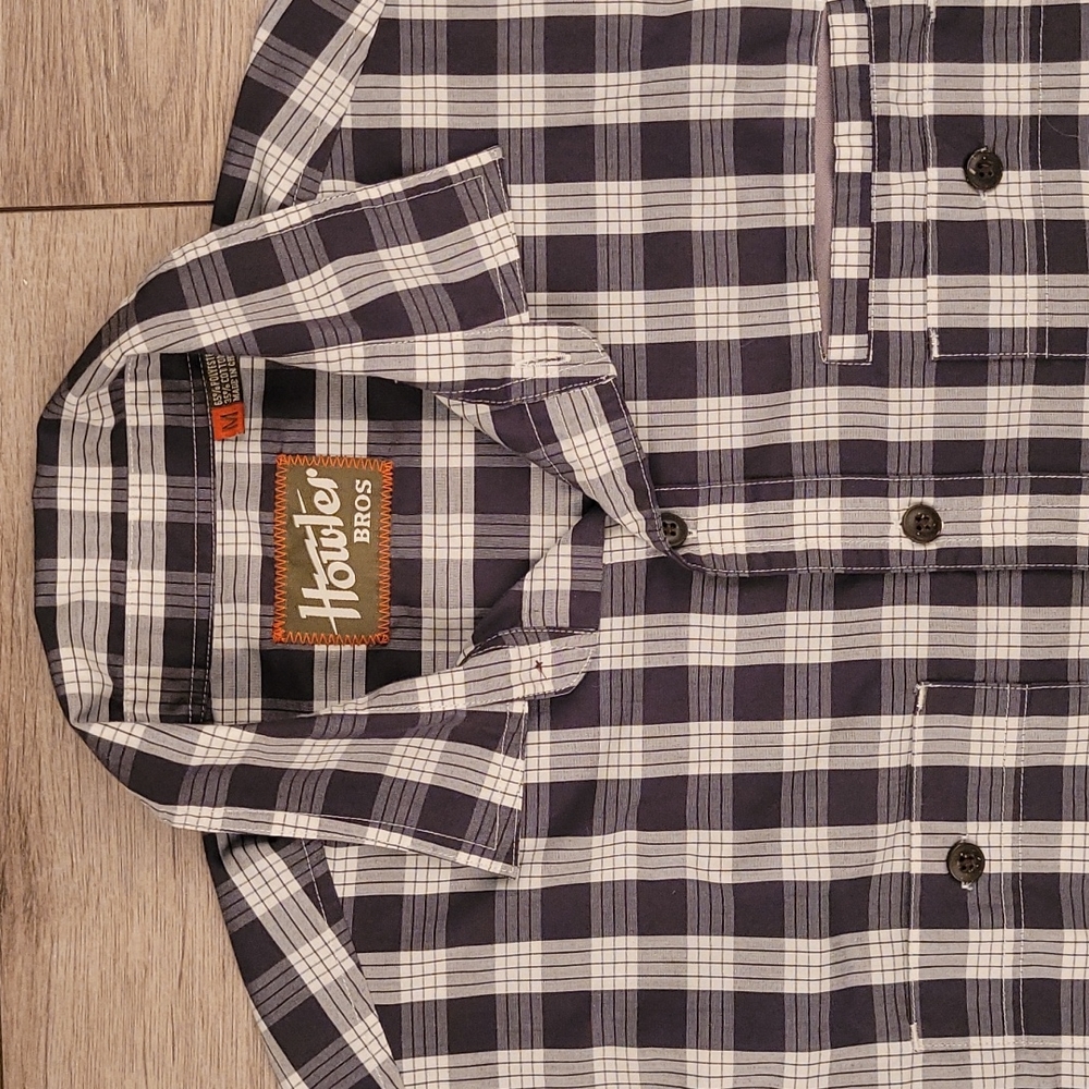 HOWLER BROS Grey White Black Plaid Cotton Blend Mens Medium Short Sleeve Shirt‎